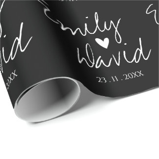 Black White Bride & Groom Names Wedding Wrapping Paper