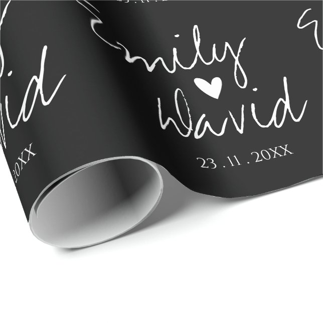 Black White Bride & Groom Names Wedding Wrapping Paper (Roll Corner)