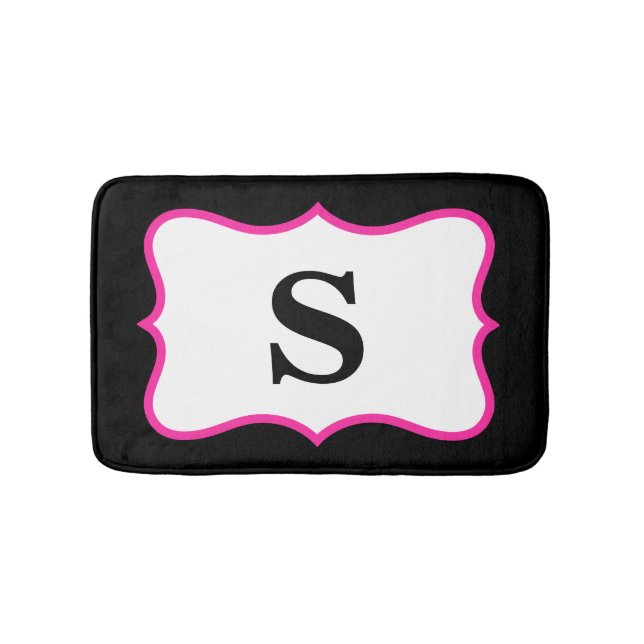 Black White Bright Pink Monogram Initial Home Bath Mat (Front)