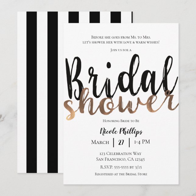 Black White Bronze Modern Glam Bridal Shower Invitation (Front/Back)
