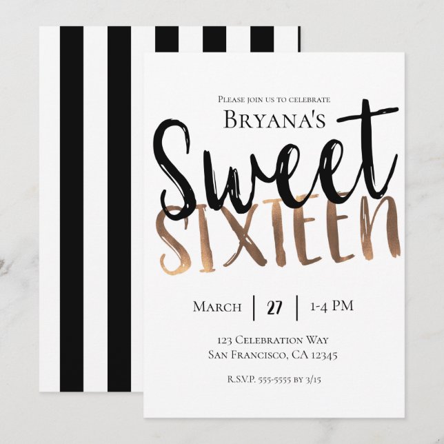 Black White Bronze Modern Sweet 16 SIXTEEN Party Invitation (Front/Back)