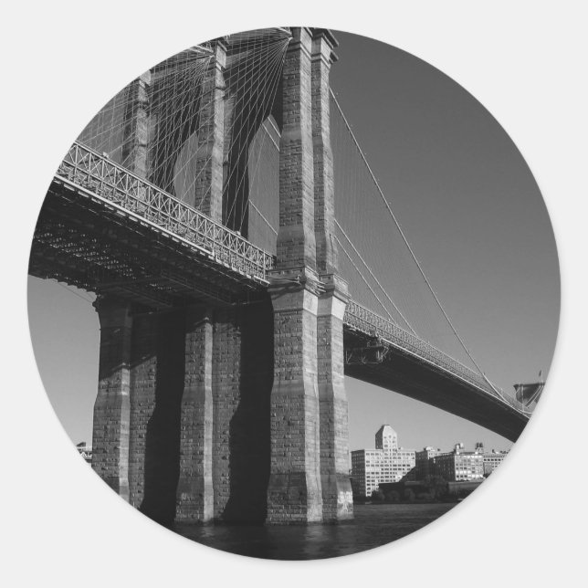 Black & White Brooklyn Bridge Classic Round Sticker (Front)