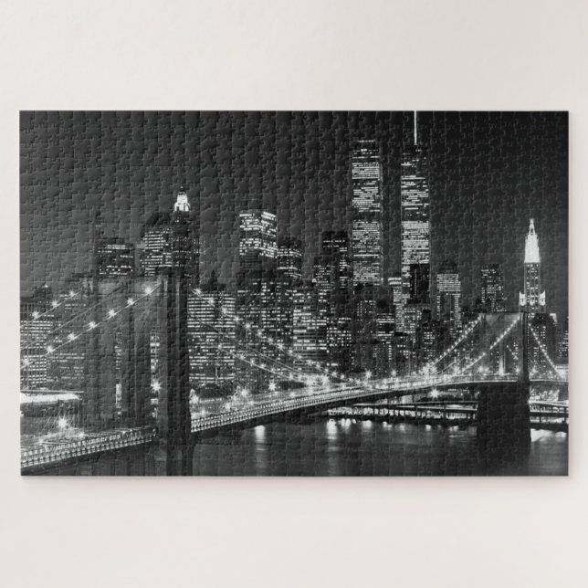 Black White Brooklyn Bridge New York Night Jigsaw Puzzle (Horizontal)
