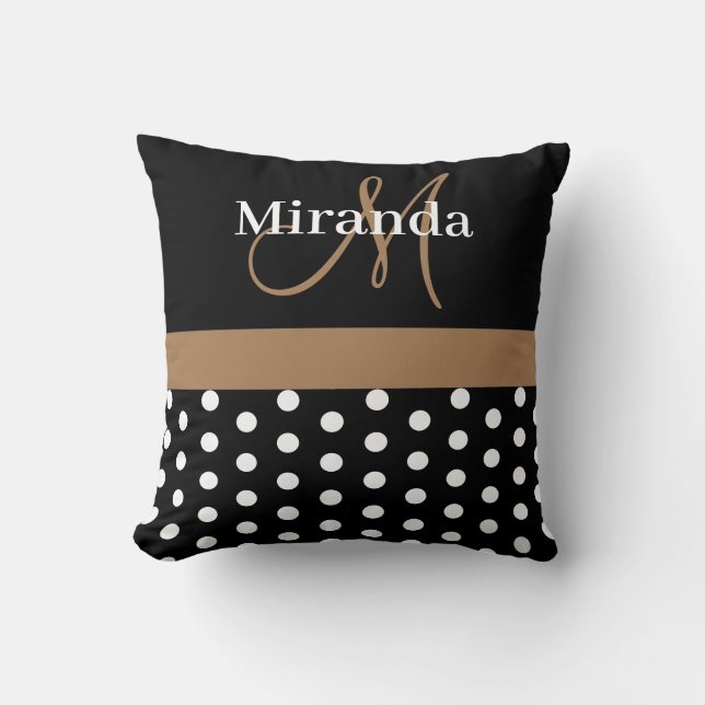 Black White Brown Monogram Script Polka Dots Cushion (Front)