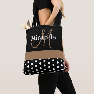 Black White Brown Monogram Script Polka Dots Tote Bag