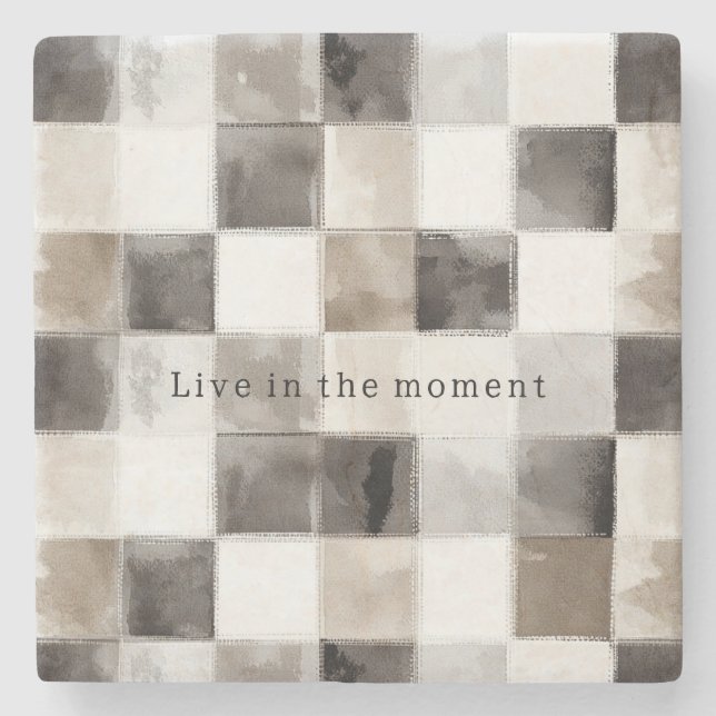 Black White Brown Squares Stone Coaster (Front)