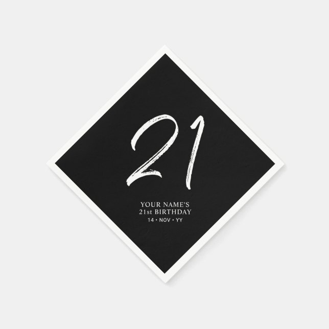 Black & White | Brush Script 21st Birthday Party  Napkin (Corner)