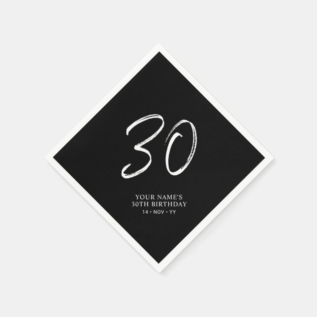 Black & White | Brush Script 30th Birthday Party  Napkin (Corner)
