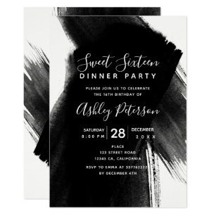 Black white brushstrokes typography Sweet 16 Invitation