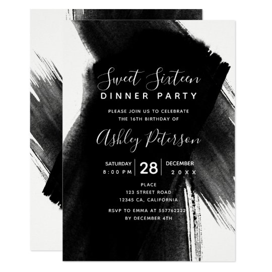 Black white brushstrokes typography Sweet 16 Invitation