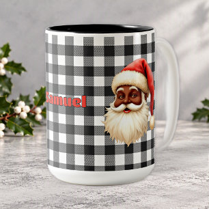 Black & White Buffalo Check Black Santa Red Name Two-Tone Coffee Mug