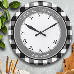 Black/White Buffalo Check Family Name Large Clock