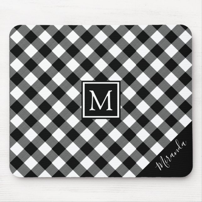 Black & White Buffalo Check Plaid Monogram Name Mouse Pad (Front)