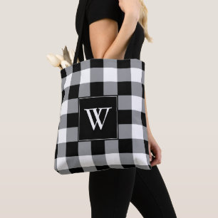 Black White Buffalo Check Plaid Monogrammed Tote Bag
