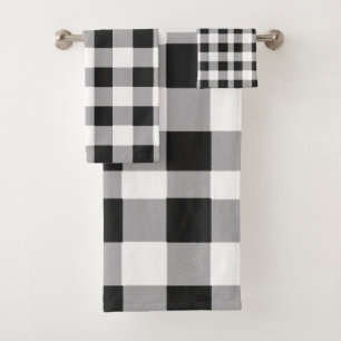 Black White Buffalo Gingham Check Plaid Holiday    Bath Towel Set