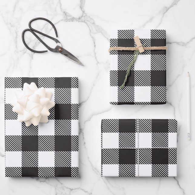 Black White Buffalo Gingham Check Plaid Holiday   Wrapping Paper Sheet (Front)