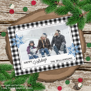 Black White Buffalo Lumberjack Plaid & Snowflakes Holiday Card