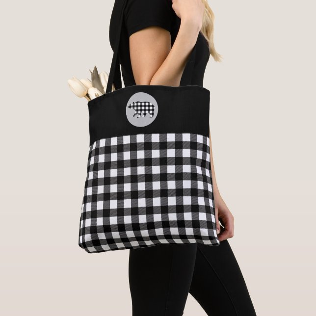 Black White Buffalo Plaid Bear Tote Bag (Close Up)