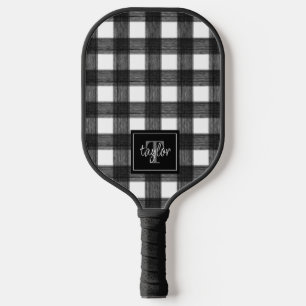 Black & White Buffalo Plaid Check Monogram Initial Pickleball Paddle
