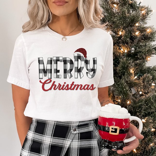 Black & White Buffalo Plaid Cheery Merry Christmas T-Shirt (Black & White Buffalo Plaid Cheery Merry Christmas T-Shirt)