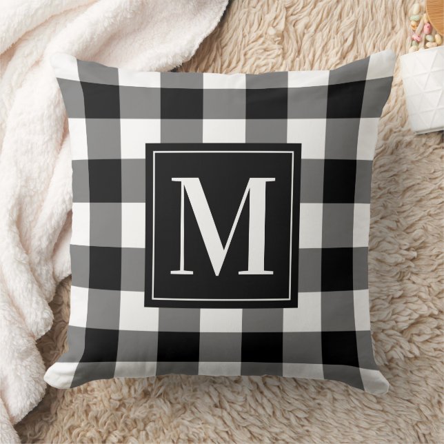 Black White Buffalo Plaid Christmas Monogram Cushion (Blanket)