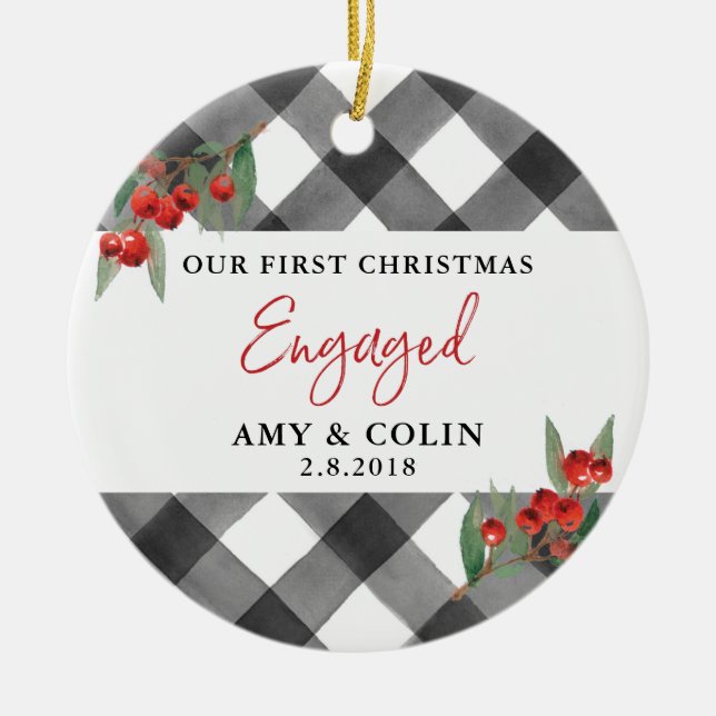 Black White Buffalo Plaid First Christmas Engaged Ceramic Ornament (Front)