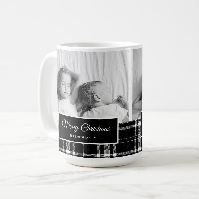 Black White Buffalo Plaid Merry Christmas Holiday Coffee Mug (Front Left)