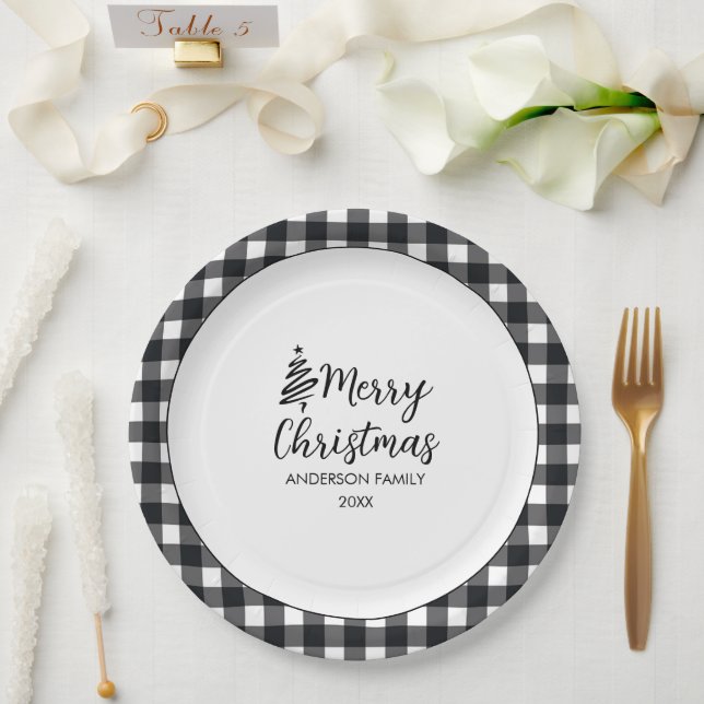 Black & White Buffalo Plaid Minimalist Christmas  Paper Plate (Wedding)