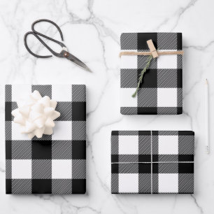 Black White Buffalo Plaid Pattern Christmas Gift Wrapping Paper Sheet