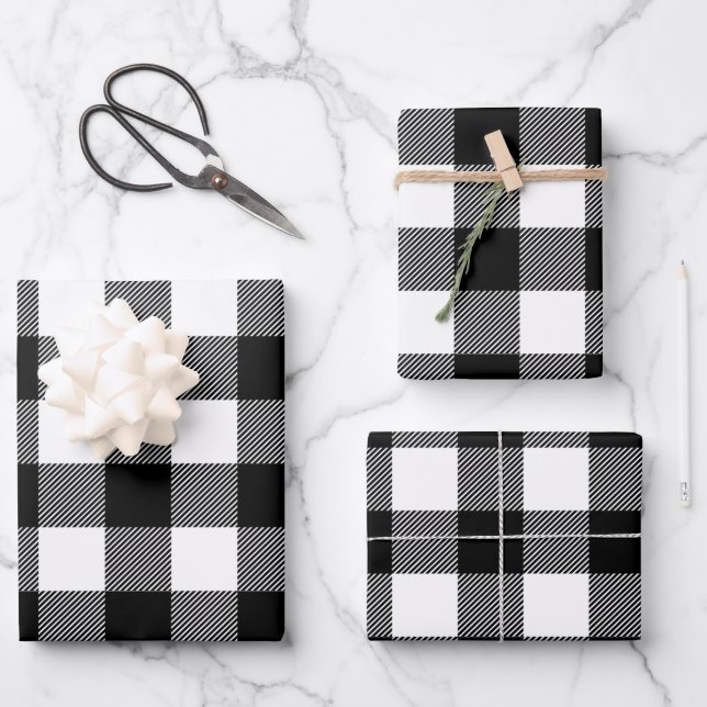 Black White Buffalo Plaid Pattern Christmas Gift Wrapping Paper Sheet (Front)