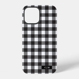 Black White Buffalo Plaid Pattern Monogram Rustic iPhone 12 Case