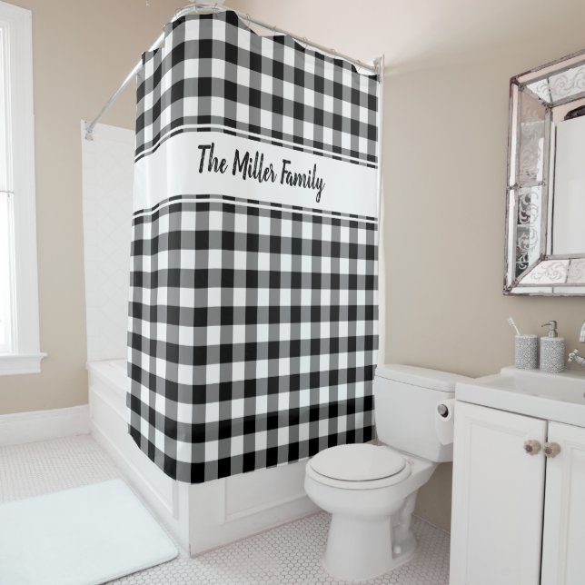 Black White Buffalo Plaid Pattern with Custom Name Shower Curtain (In Situ)