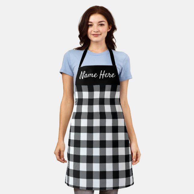 Black White Buffalo Plaid Personalized Rustic Apron (Worn)