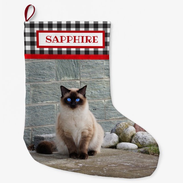 Black/White Buffalo Plaid- Pet Photo-Personalised Large Christmas Stocking (Front)