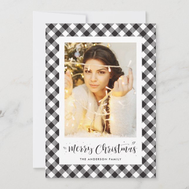 Black White Buffalo Plaid Photo Christmas Cards (Front)