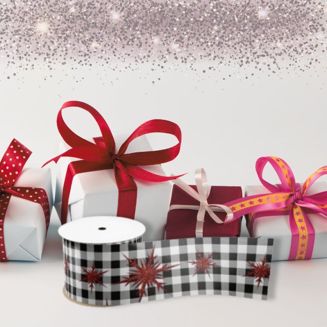 Black White Buffalo Plaid Red Glitter Snowflakes Satin Ribbon (Creator Uploaded)