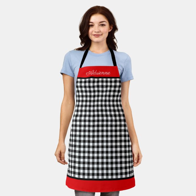 Black & White Buffalo Plaid Red Trim Personalised Apron (Worn)