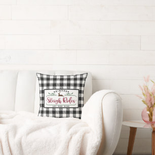 Black White Buffalo Plaid - Reindeer Sleigh Ride Cushion