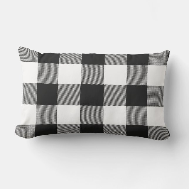 Black White Buffalo Plaid Rustic Fall Outdoor Lumbar Cushion (Front)
