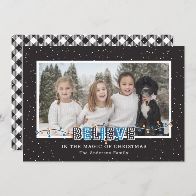 Black White Buffalo Plaid Snow Blue Believe Photo Holiday Card (Front/Back)