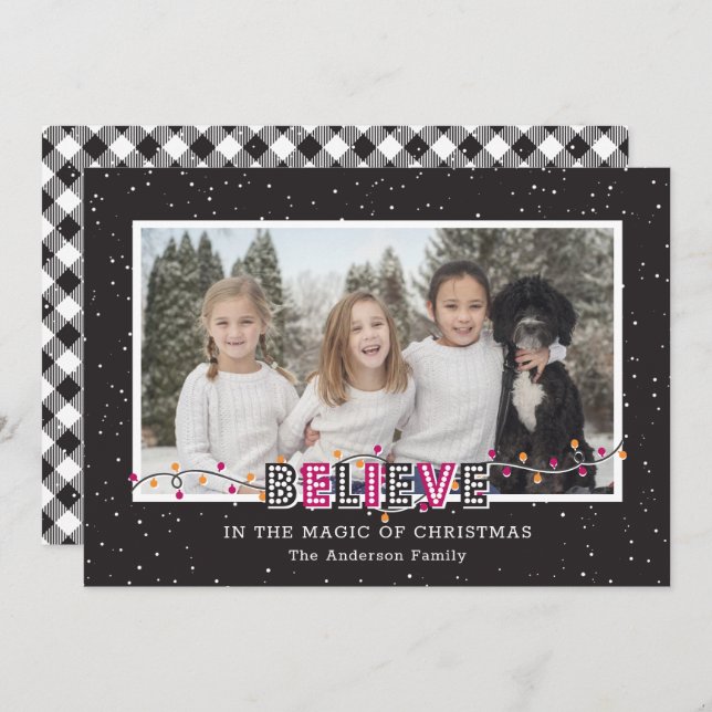Black White Buffalo Plaid Snow Pink Believe Photo Holiday Card (Front/Back)