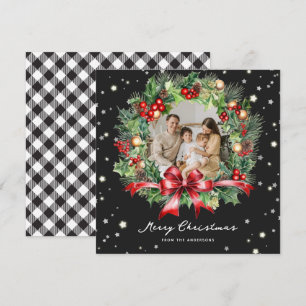 Black White Buffalo Plaid Stars Photo Christmas Holiday Card