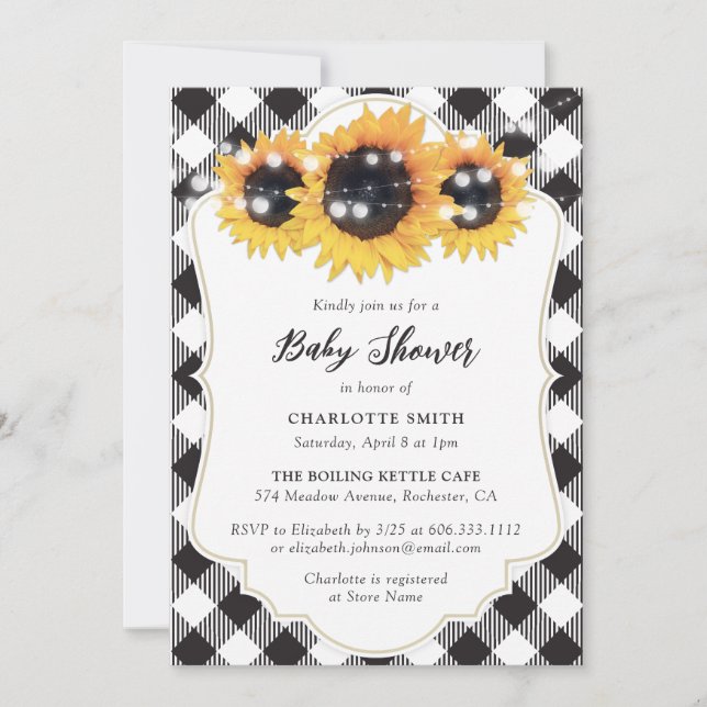 Black & White Buffalo Plaid Sunflower Baby Shower Invitation (Front)