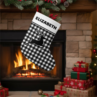 Black & White Buffalo Plaid with Reindeer Custom Large Christmas Stocking