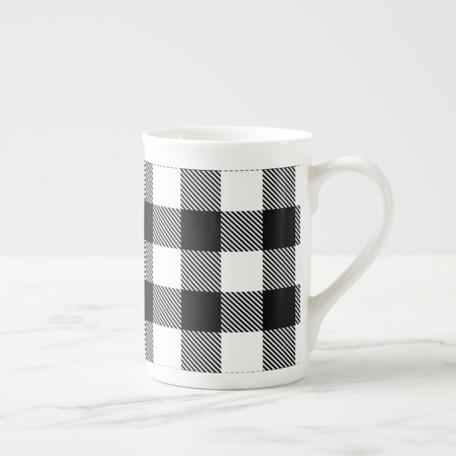 Black White Buffalo Plaid with Twill Bone China Mug (Right)
