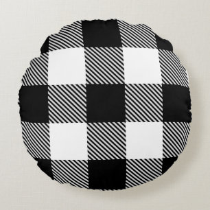 Black White Buffalo Plaid with Twill Round Cushion