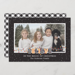 Black White Buffalo Plaid Yellow Believe Photo Holiday Card