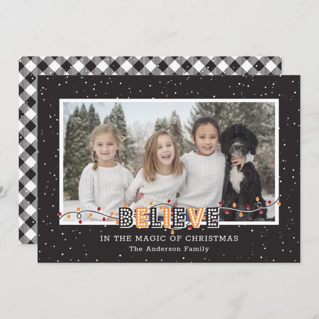 Black White Buffalo Plaid Yellow Believe Photo Holiday Card (Front/Back)