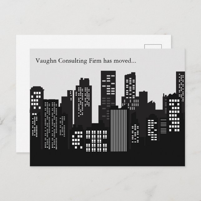 Black White Building Skyline Business Moving Announcement Postcard (Front/Back)