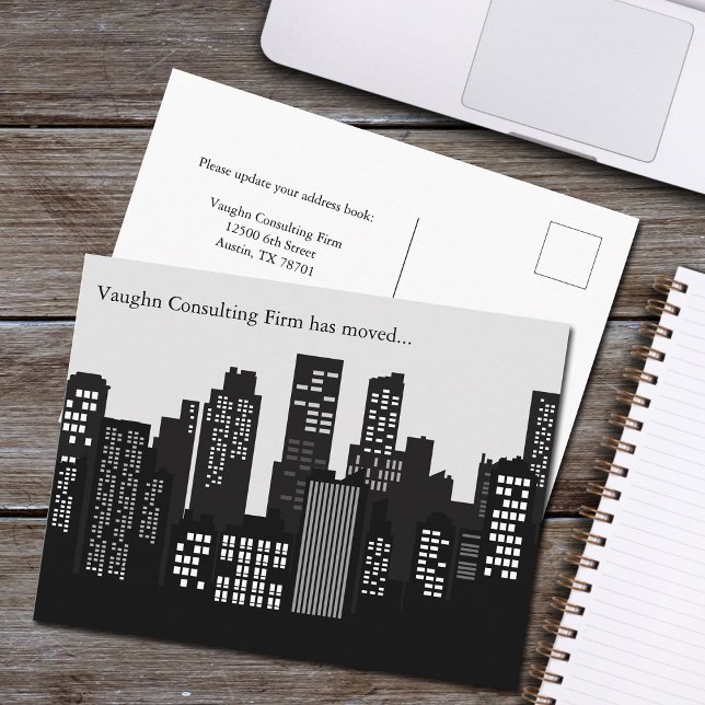 Black White Building Skyline Business Moving Announcement Postcard (Creator Uploaded)
